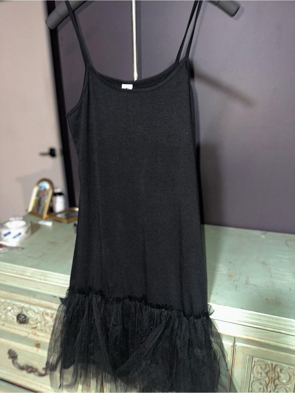 Black Mini Slip Dress with Tulle Hem